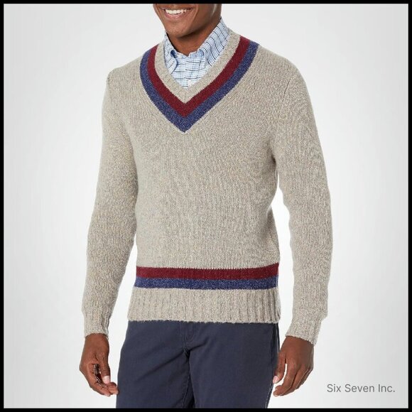 Classic V-Neck Tennis Sweater Preppy Elegant Wool Blend Long Sleeve Pullover